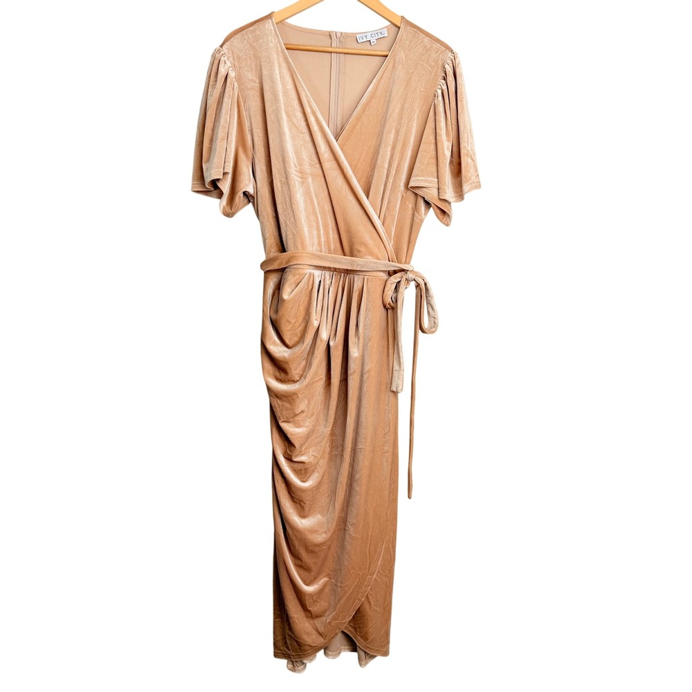 Ivy City Co Velvet Wrap Midi Dress Champagne Beige Flutter Sleeve‎ Plus Size 1X